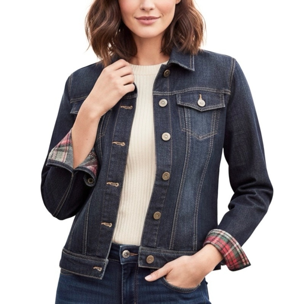 Coldwater Creek Jean Jacket Denim Plaid Flannel Details